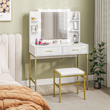 Aurora Makeup Vanity Desk Set with Lighted Mirror, Stool, Drawers
