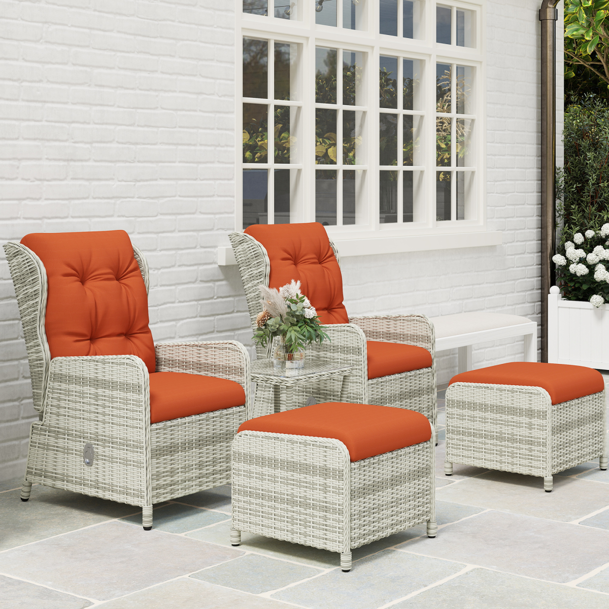 Esterno Recliner Rattan Garden Furniture w/ Two-tier Table, Orange