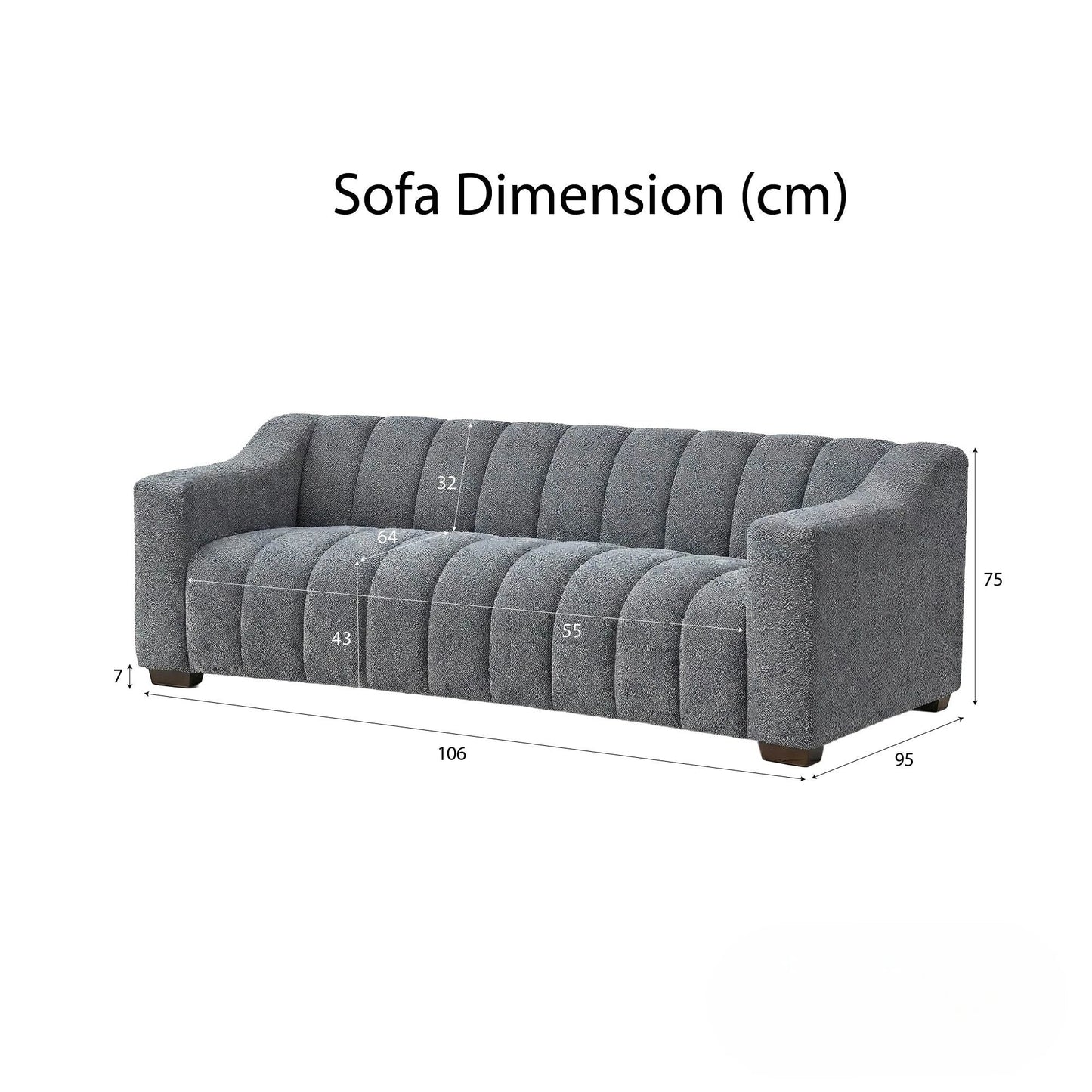 ALUXO Astoria Deep Channel Stitched 3 Seater Sofa in Iron Grey Boucle Fabric