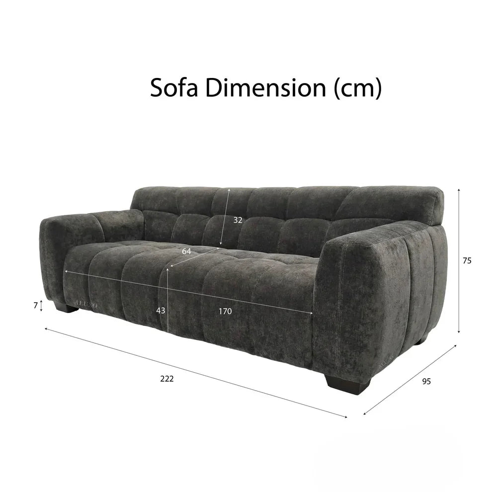 ALUXO Harlem 3 Seater Sofa In Steel Grey Velvet And Channel Stitch