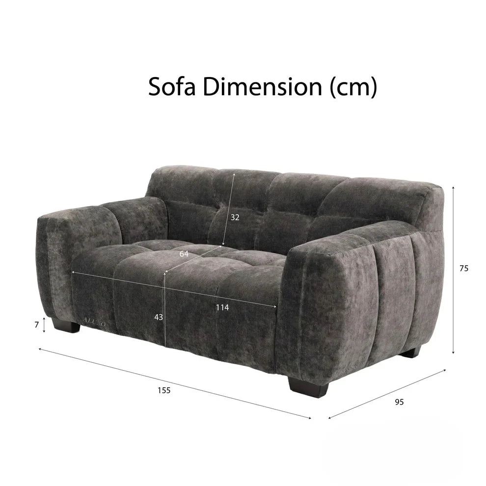 ALUXO Harlem Deep Channel Stitched 2 Seater Sofa In Steel Grey Mermaid Velvet