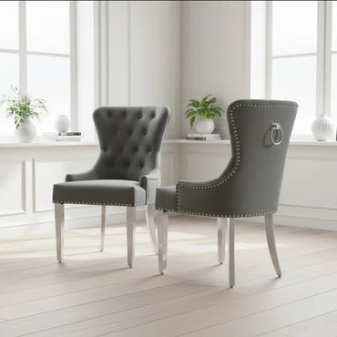 ALUXO Megan Dark Grey Velvet Dining Chair With Chrome Ring Knocker And Studded Detail