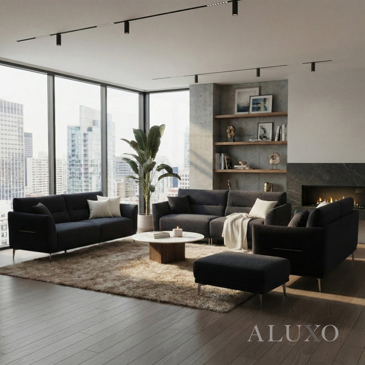 ALUXO® Albany 2 Seater Compact Sofa – Midnight Black Bouclé | Deep Cushion Comfort