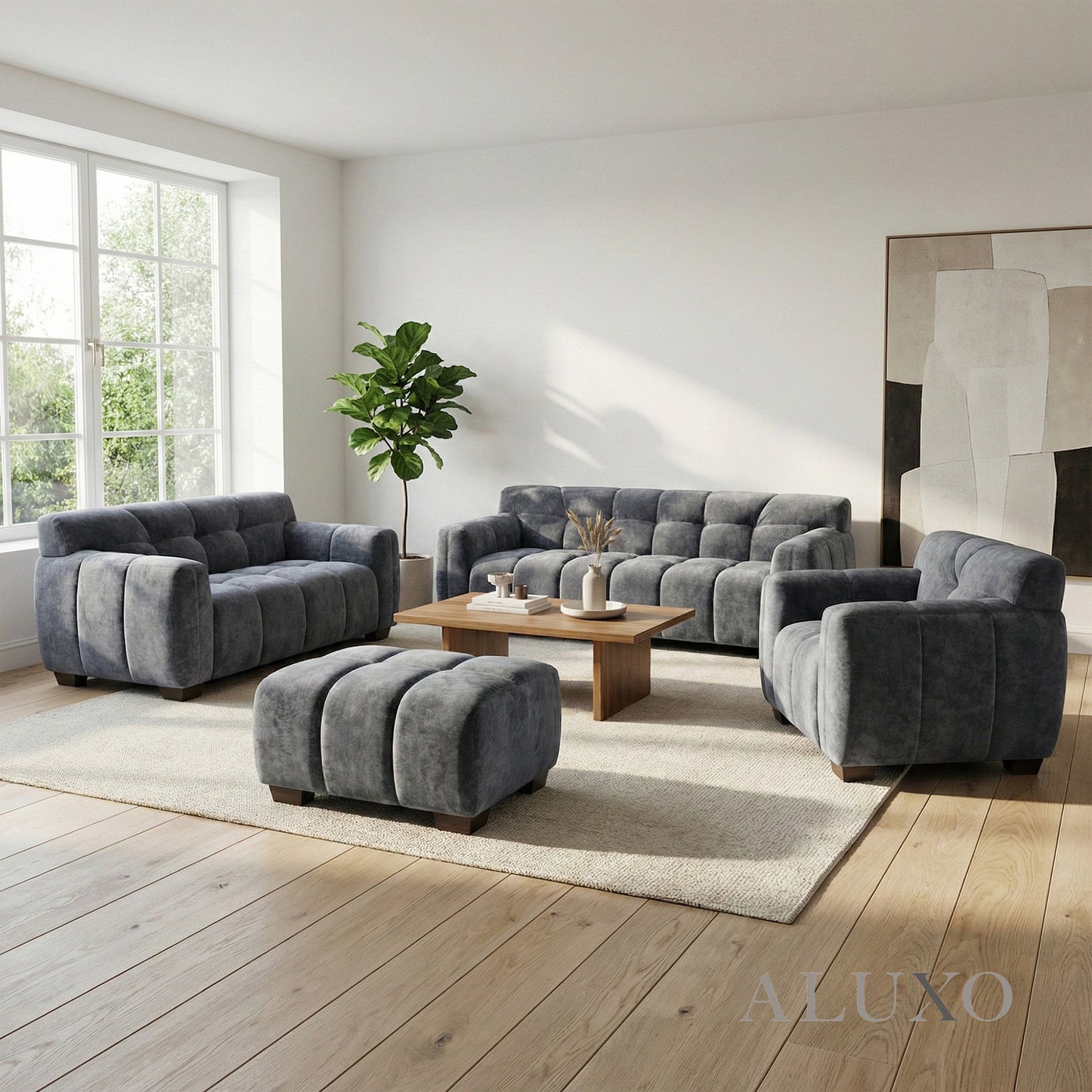 ALUXO® Harlem 2 Seater Compact Sofa – Steel Grey Mermaid Velvet | Deep Channel Stitched