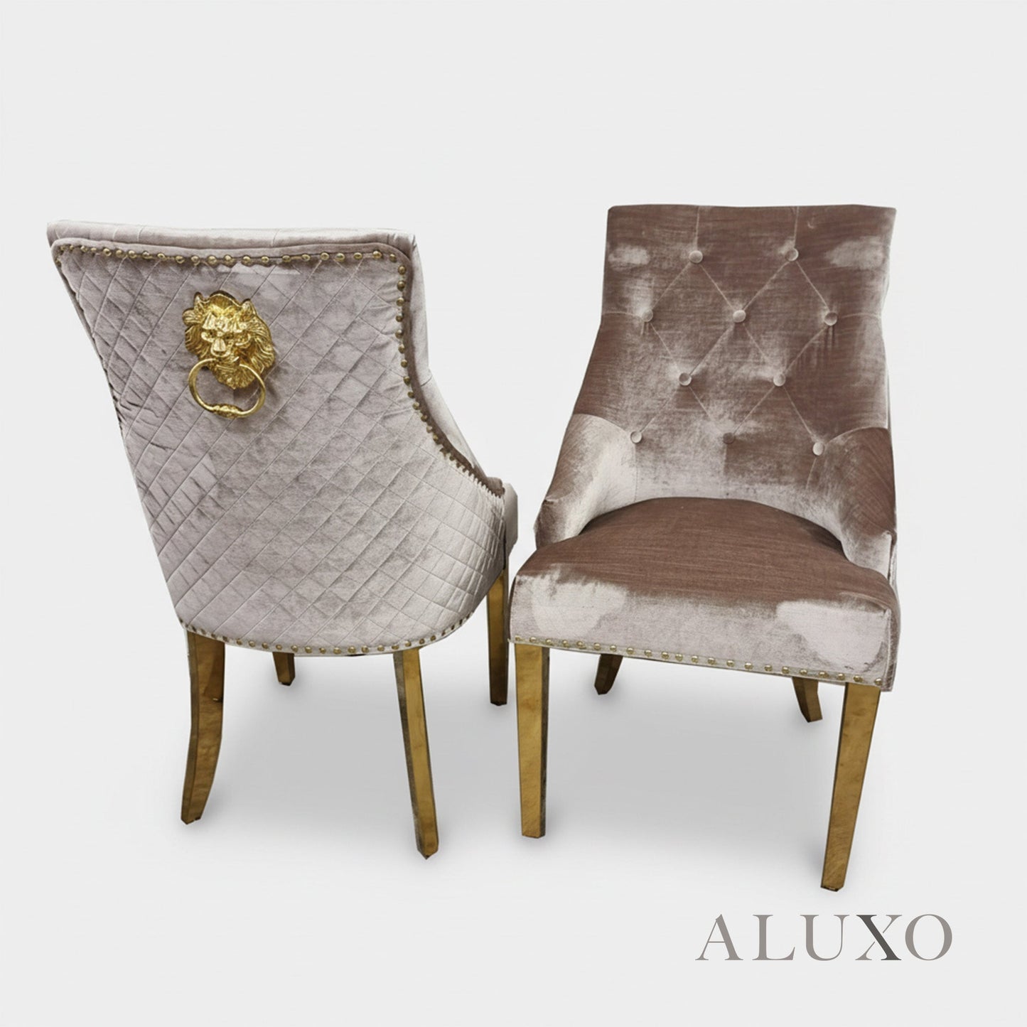 Henrik Gold Beige Velvet Dining Chair | Quilted Back, Studded Detailing & Lion Knocker