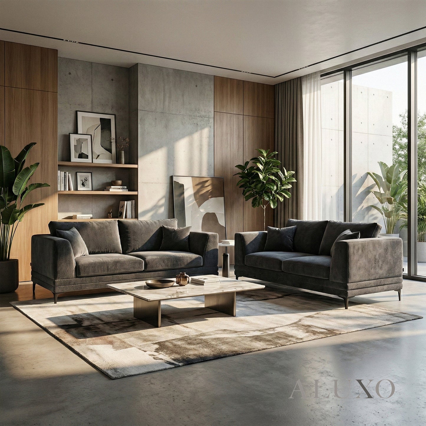 ALUXO® Lenox 2 Seater Compact Sofa – Steel Grey Velvet | Mid-Century Modern