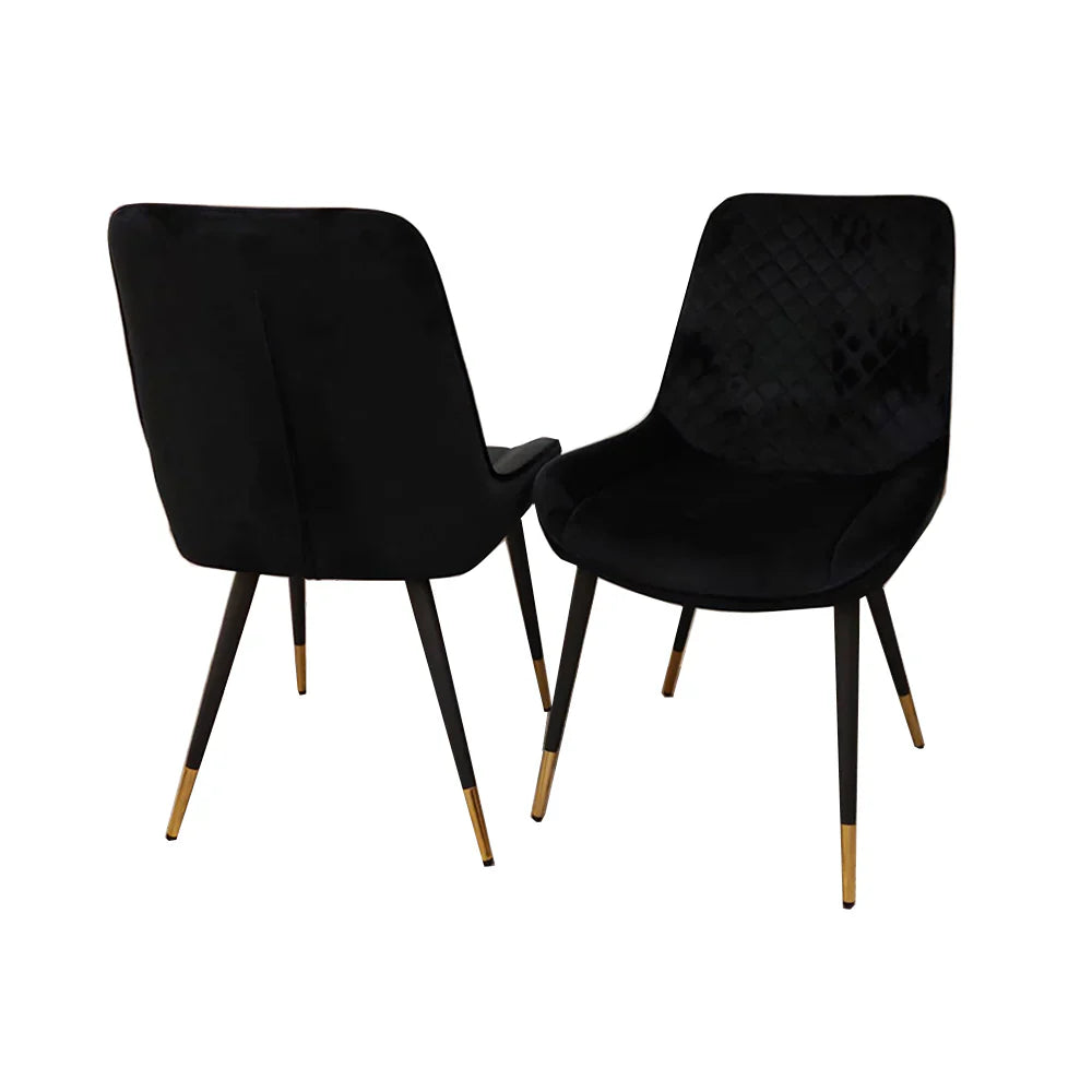 Luna Dining Chair In Black Velvet Fabric With Gold Tipped Black Legs