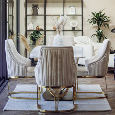 Luxury Ostuni 1.8m Slimline Gold Dining Set White Sintered Stone Table With Olivia Beige Velvet Chairs