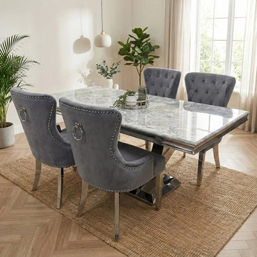 Luxury Urban 1.8m Light Grey Chrome U Base Marble Dining Set With Megan Dark Grey Velvet Chairs