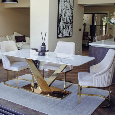 Luxury Vittoria 1.8m Slimline Gold Dining Set White Sintered Stone Table With Olivia Velvet Chairs