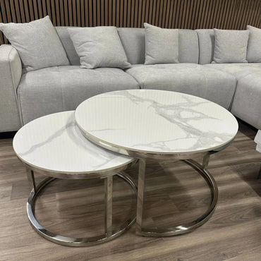 Luxury Kaito Nest of 2 Silver Round Coffee Tables With Polar White Stone Tops