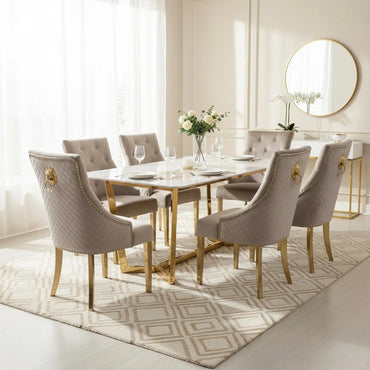 Luxury Loki 1.8m Gold Dining Set Cream Sintered Stone Table With Henrik Beige Velvet Chairs