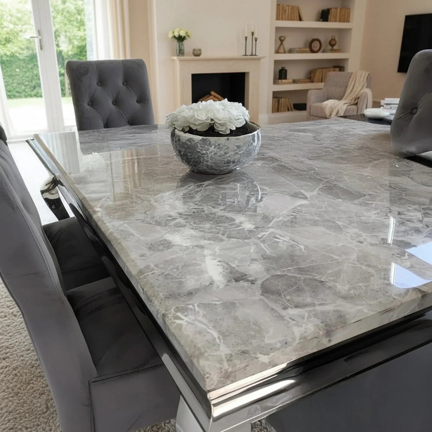 Luxury Lorens 1.5m Light Grey Marble Dining Set Table With Einar Grey Velvet Chairs