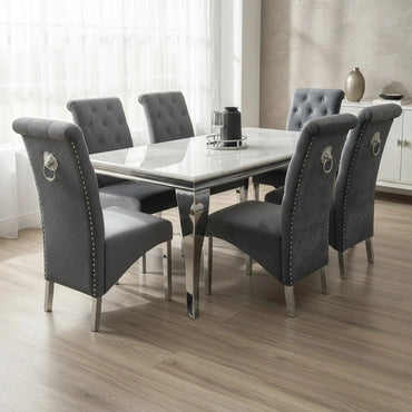 Luxury Lorens 1.8m White Marble Chrome Dining Set Table With Einar Dark Grey Velvet Chairs
