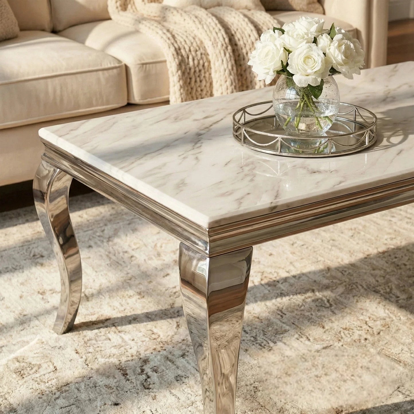 Luxury Lorens 130cm Chrome Coffee Table With White Marble Top And Curved Leg Design