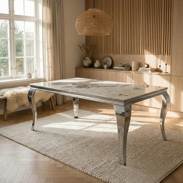 Luxury Lorens 200cm Marble Dining Table in Cream/Beige With Chrome 4-Leg Base