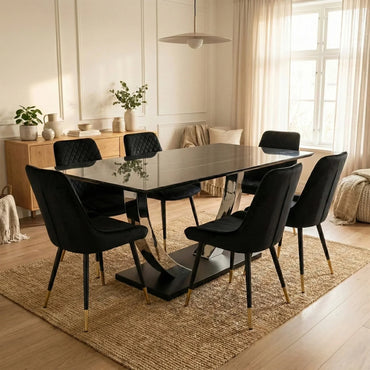 Luxury Valdemar 1.6m Black Sintered Stone Dining Set Chrome Pedestal Base With Lyder Velvet Chairs