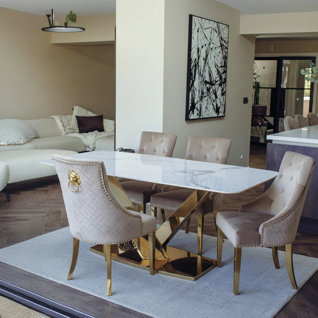 Luxury Vittoria 1.8m Slimline Gold Dining Set White Sintered Stone Table With Henrik Velvet Chairs