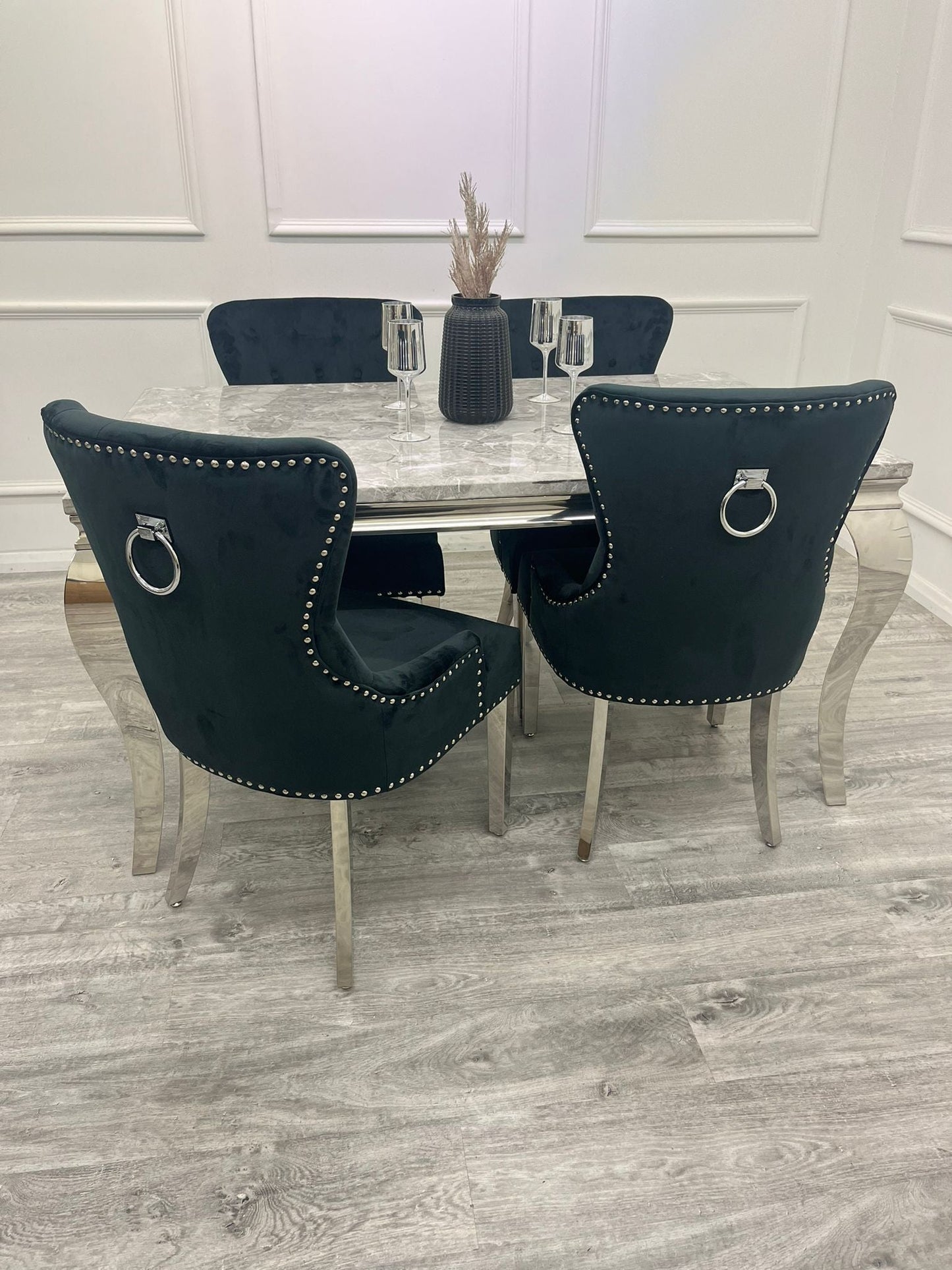 Louis 100CM Chrome Marble Dining Set with Megan Chairs