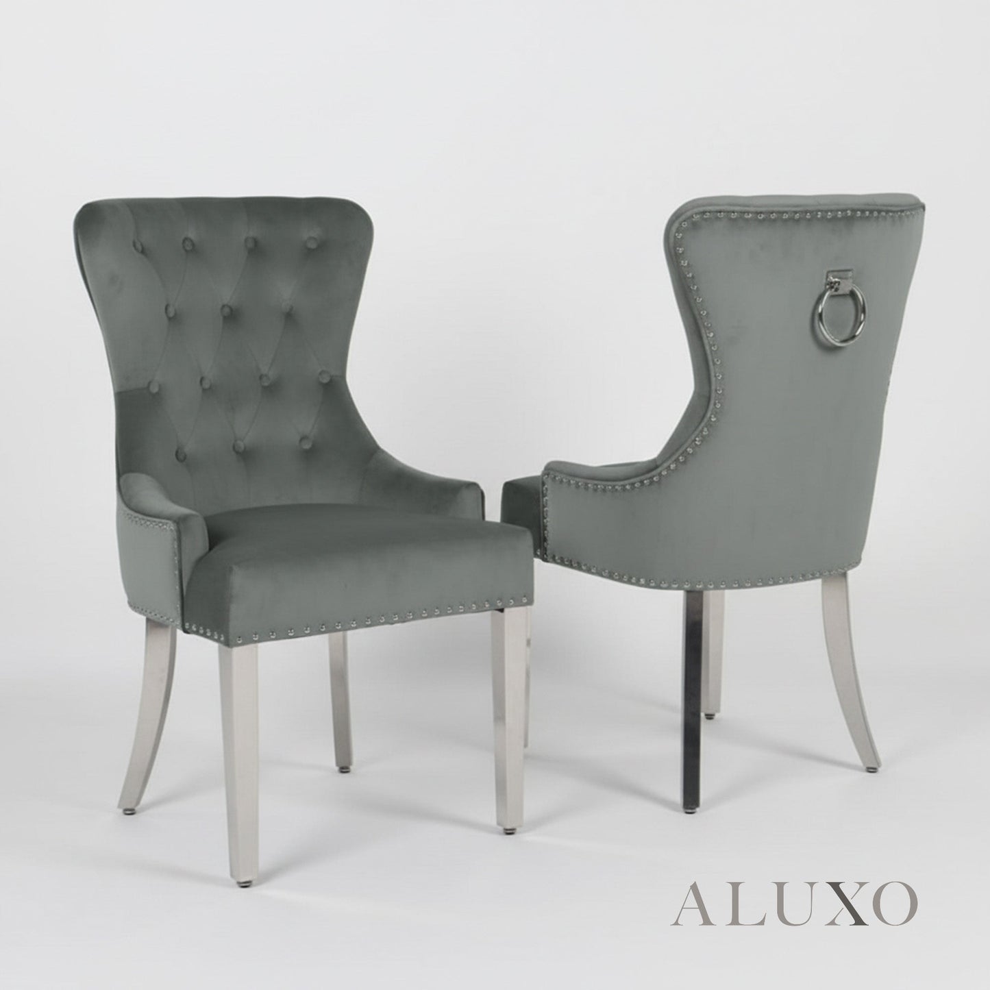 ALUXO® Megan Dark Grey Velvet Dining Chair | Chrome Ring Knocker, Studded Detailing, Plain Back Design