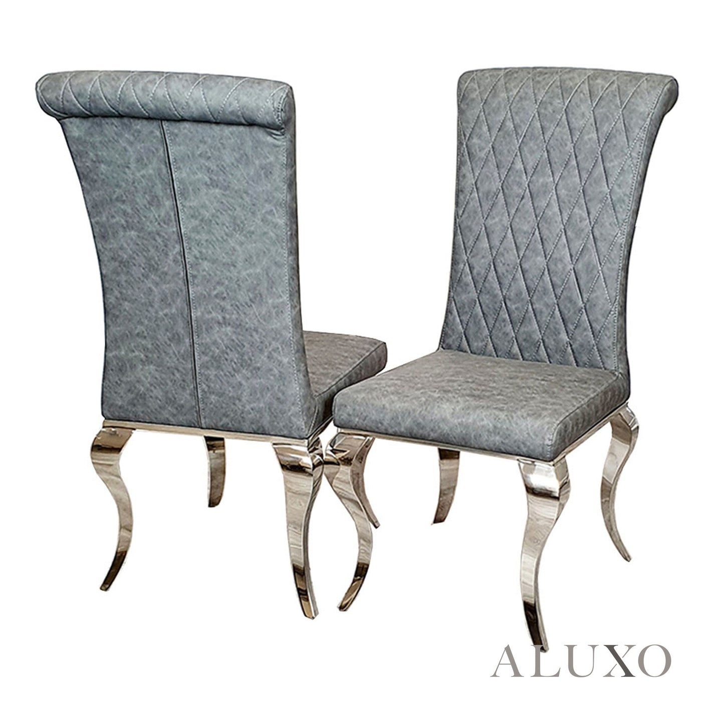 Niklas Grey Faux Leather Dining Chair | Cross Stitch Back, High Scroll Top, Chrome Curved Legs