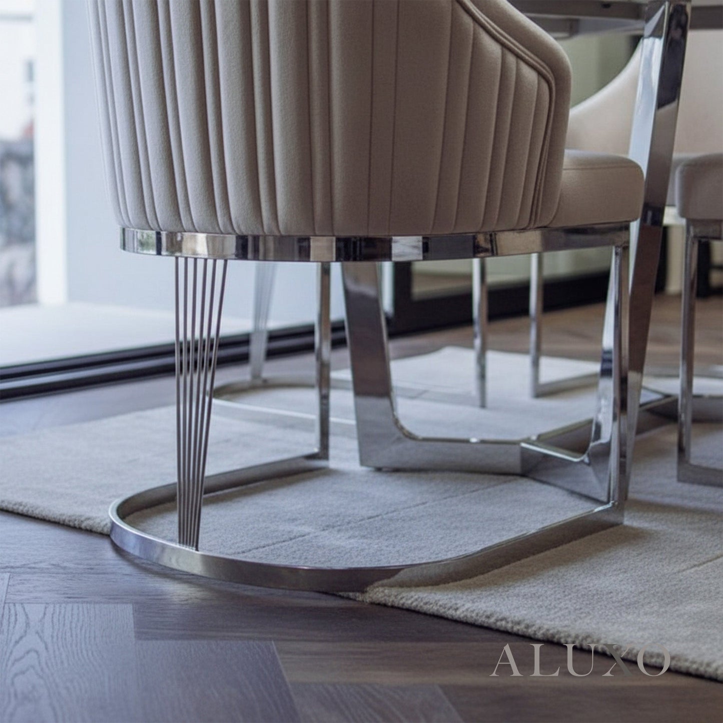 Olivia Beige Velvet Dining Chair | Fluted Back with Chrome Stainless Steel Frame