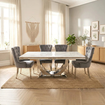 Luxury Urban 1.8m White Marble Dining Set Chrome U Base Table With Megan Dark Grey Velvet Chairs