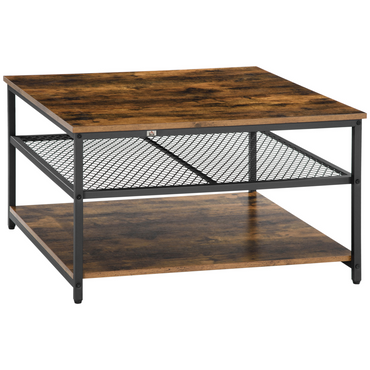 Aurora Industrial Coffee Table, Cocktail Table Storage Shelves, Rustic Brown
