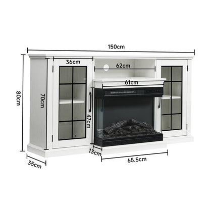 150cm W 3-sided electric fireplace TV cabinet with glass doors enclosed storage cabinet 3 flame colours