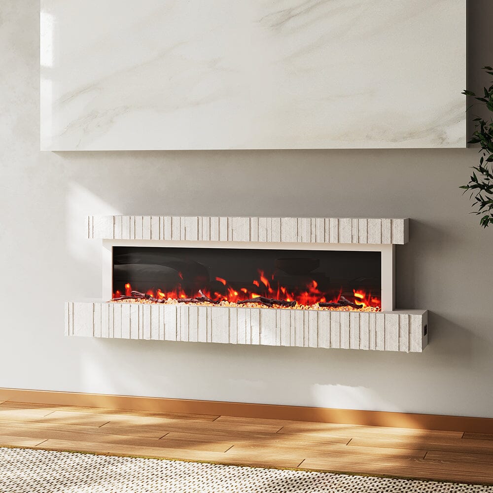 47/59 Inch Wall Mounted Electric Fireplace with Faux Stone Mantel, WiFi, Remote & LED Flames
