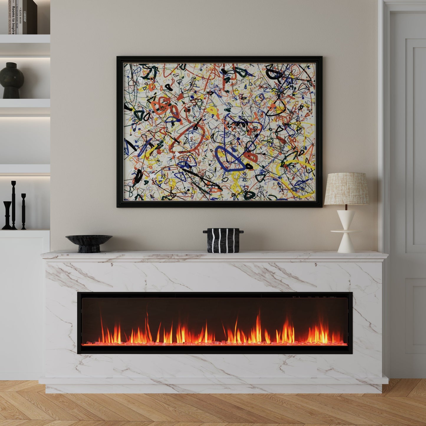 40/50/60inch Black Wall Mounted & Recessed Electric Fireplace with Adjustable Flame & Brightness