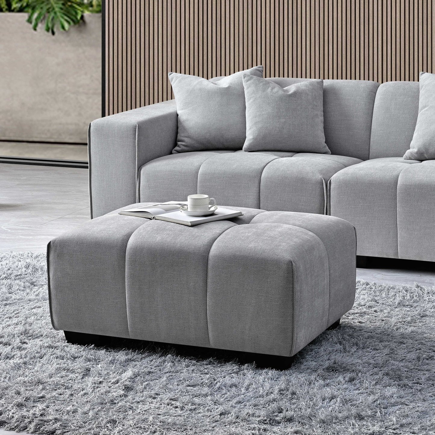 Leonard Cloudy Grey Boucle Fabric Ottoman