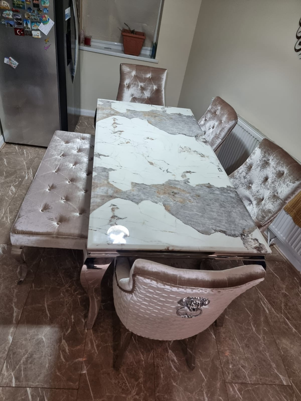 Louis Chrome Marble Dining Set with 4 Bentley Pewter Chairs & Louis Dining Bench