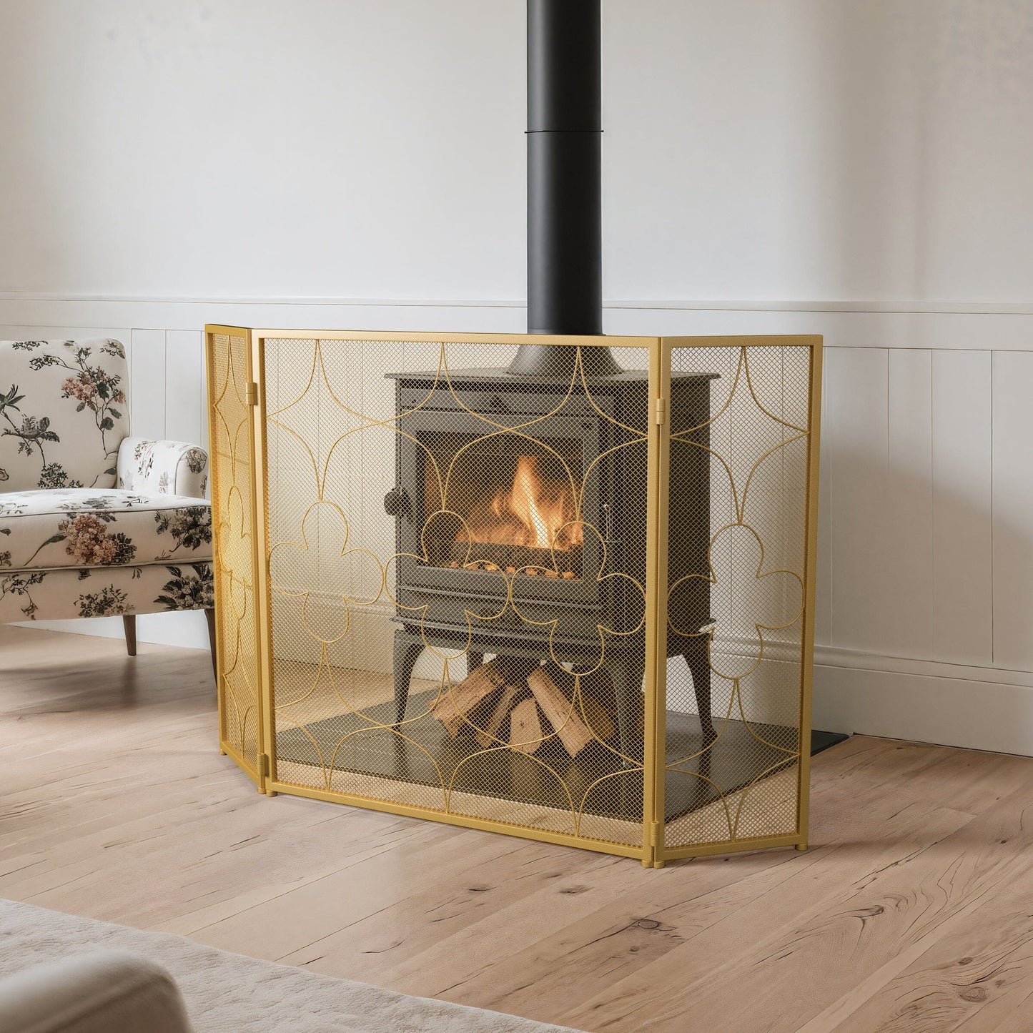 Smallbee Iron Fireplace Screen Gold Powder-Coated – 122x2.3x77.5cm