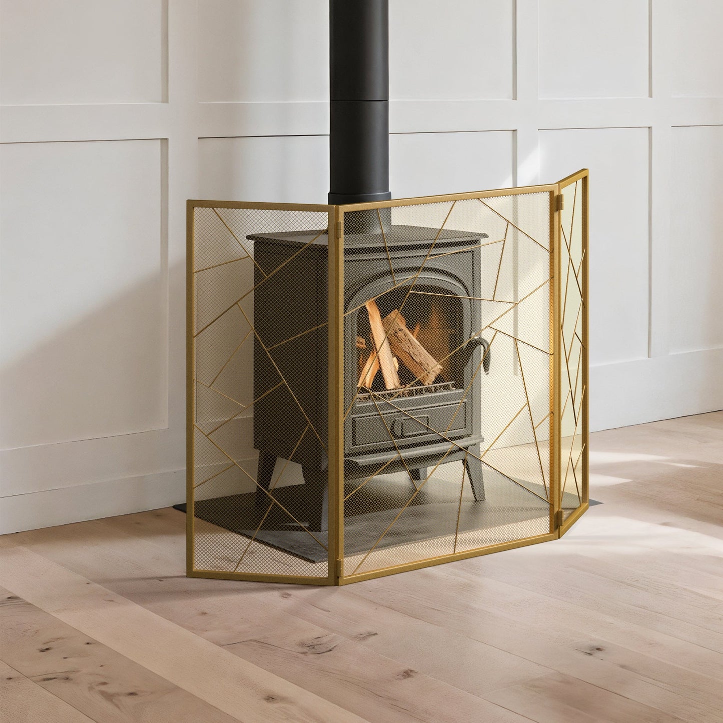 Smallbee Triple-Fold Iron Fireplace Screen Gold Frame – 132x1x80cm