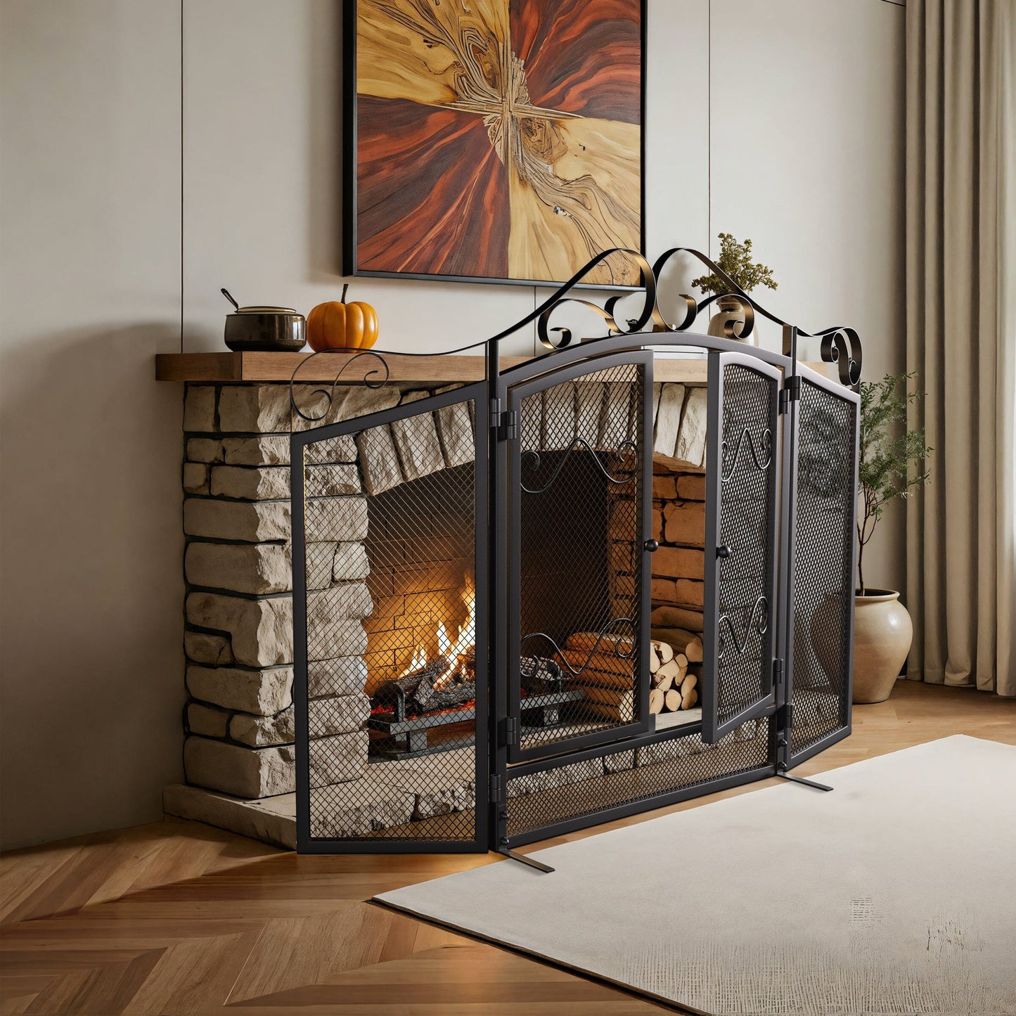 Smallbee Iron Fireplace Screen Black Powder-Coated – 114.7x84x16.5cm