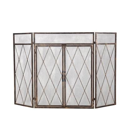 Smallbee Triple-Fold Iron Fireplace Screen Antique Copper Powder-Coated – 127x13x81cm