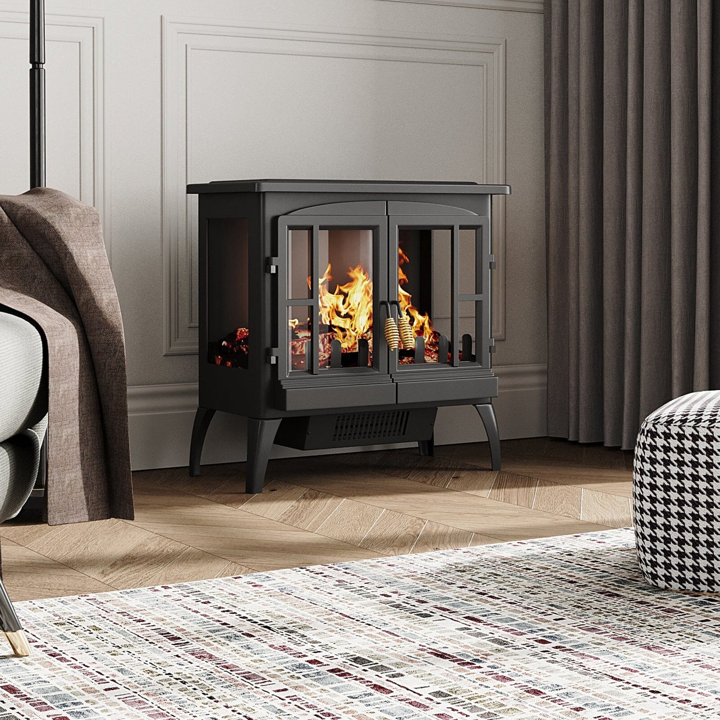 Black Freestanding Electric Fireplace Heater with Adjustable Flame Brightness