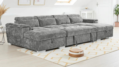 Alaya Large Grey U Shape Sofabed with Storage and Adjustable Headrests