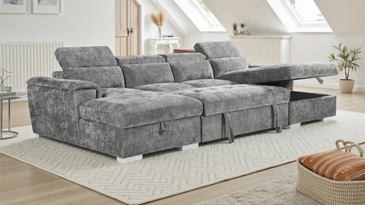 Alaya Large Grey U Shape Sofabed with Storage and Adjustable Headrests