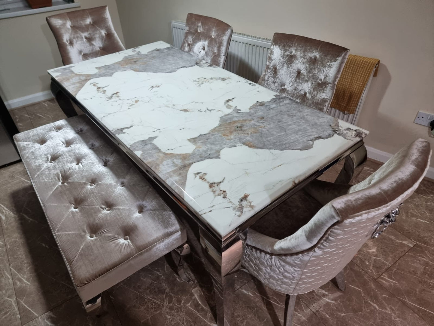 Louis Chrome Marble Dining Set with 4 Bentley Pewter Chairs & Louis Dining Bench