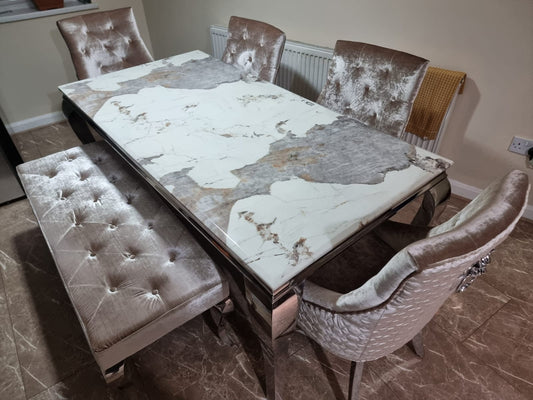 Louis Chrome Marble Dining Set with 4 Bentley Pewter Chairs & Louis Dining Bench