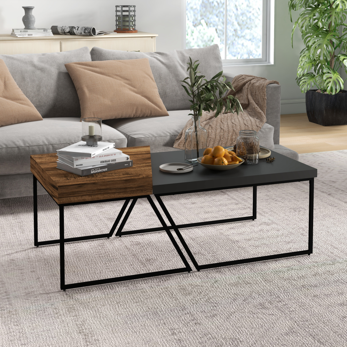 Aurora Coffee Table Set of 2, Coffee Tables with Steel Frame for Living Room
