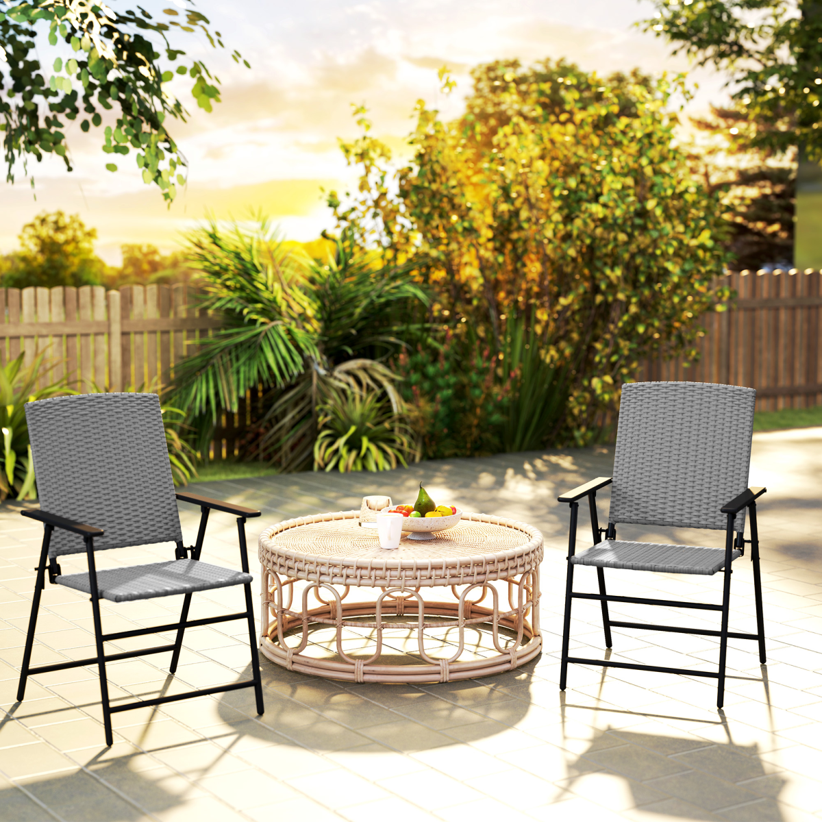 Esterno 2pcs Rattan Chair Foldable Garden Furniture w/ Armrest Grey