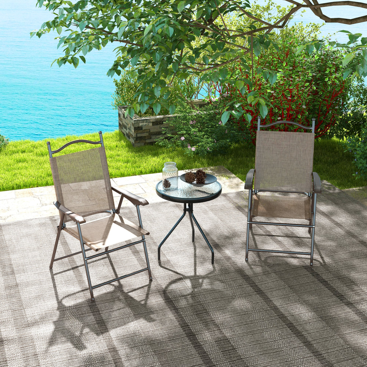 Esterno Folding Chairs Set, Breathable Mesh Fabric Seat, Mixed Brown