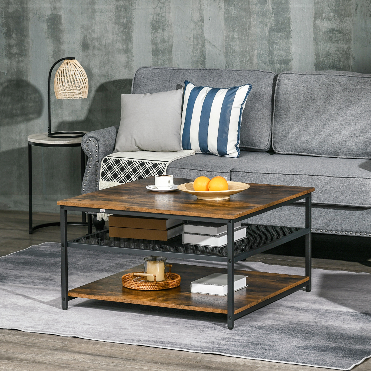 Aurora Industrial Coffee Table, Cocktail Table  Storage Shelves, Rustic Brown