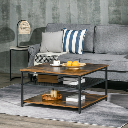 Aurora Industrial Coffee Table, Cocktail Table  Storage Shelves, Rustic Brown