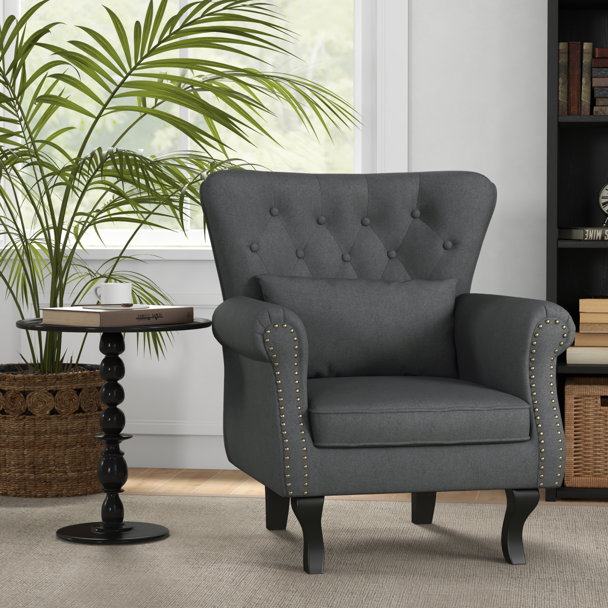 Aurora Vintage Armchair Wingback Accent Chair with Naihead Trim Dark Grey