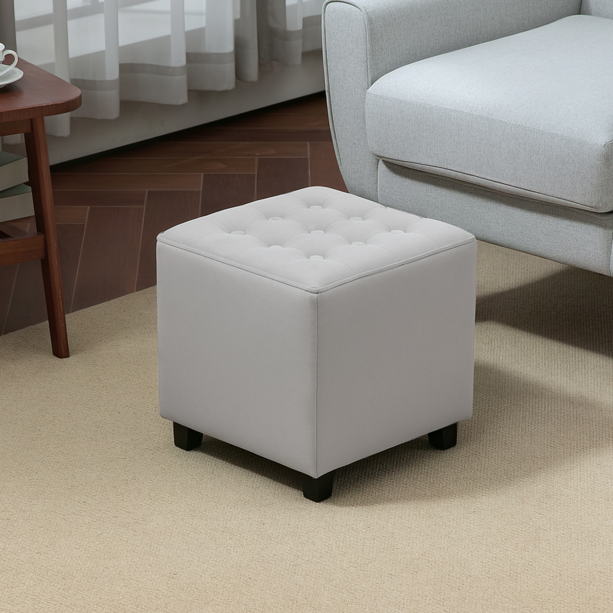 Aurora Square Footstool Small Ottoman with Wood Legs for Bedroom