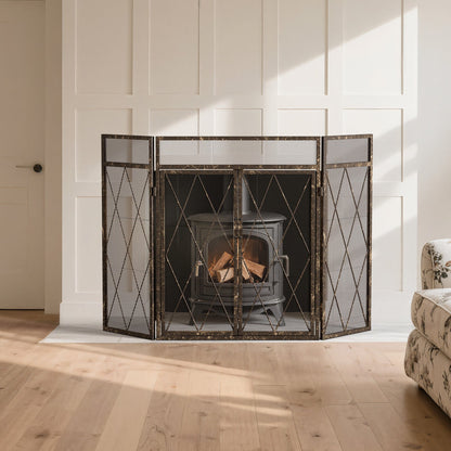 Smallbee Triple-Fold Iron Fireplace Screen Antique Copper Powder-Coated – 127x13x81cm